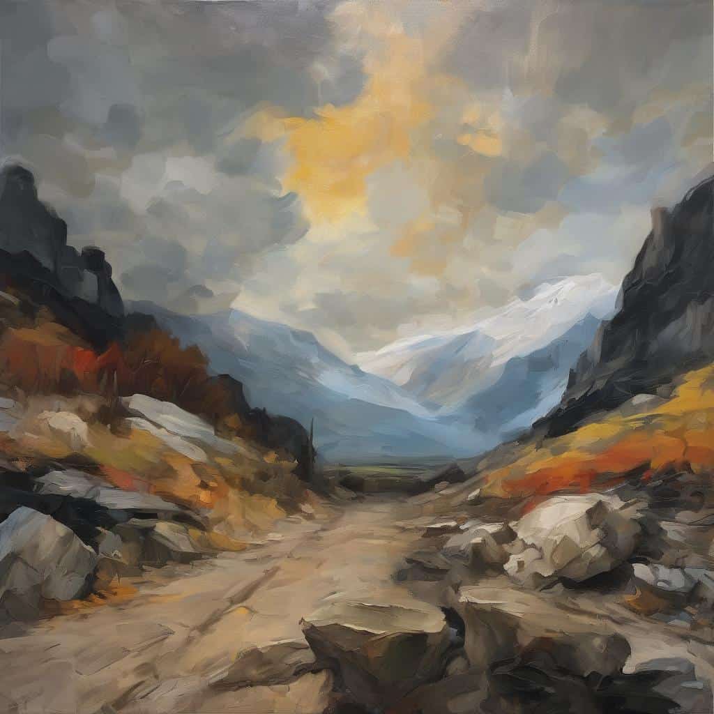 Οροφή βουνών και φαράγγι με τεχνικές ζωγραφικής τοπίου και δημιουργία.