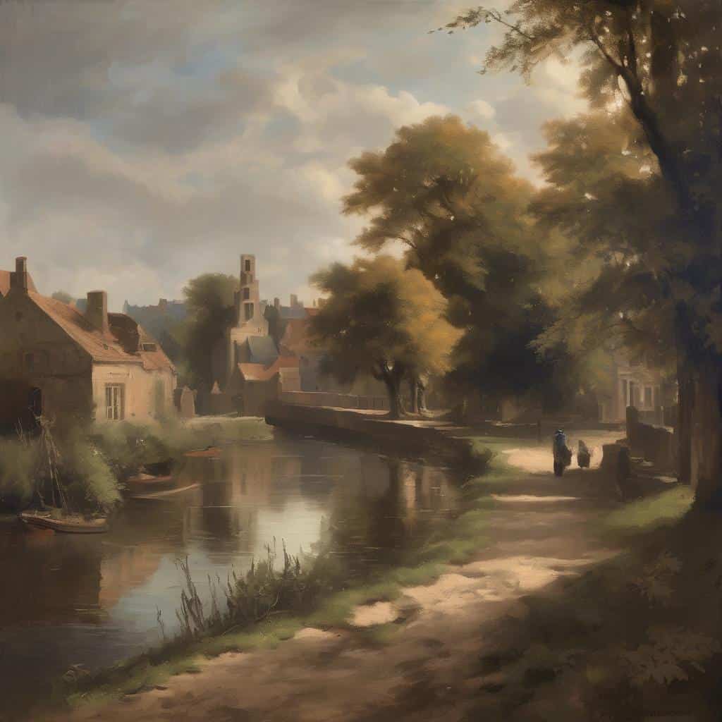 Ουράνιο τοπίο σε ρεαλιστικό ύφος με ποτάμι και πέτρινα σπίτια, τέχνη της χαράξης, δημιουργία και τεχνικές ζωγραφικής.