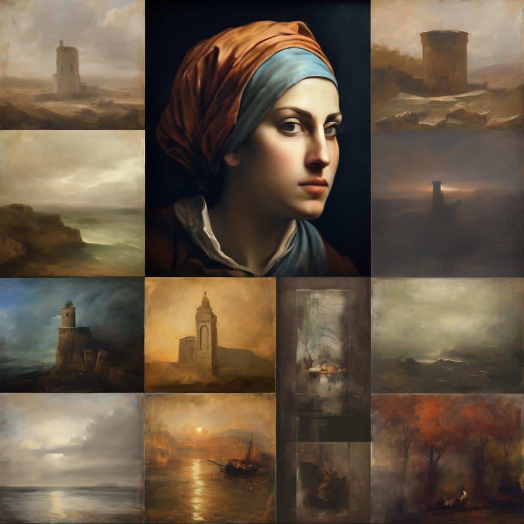 Πίνακες τοπίων και πορτρέτων, τεχνική χαράξης, δημιουργία ζωγραφικών έργων, τέχνη της ζωγραφικής, ατμοσφαιρική τέχνη και εκφραστικότητα.