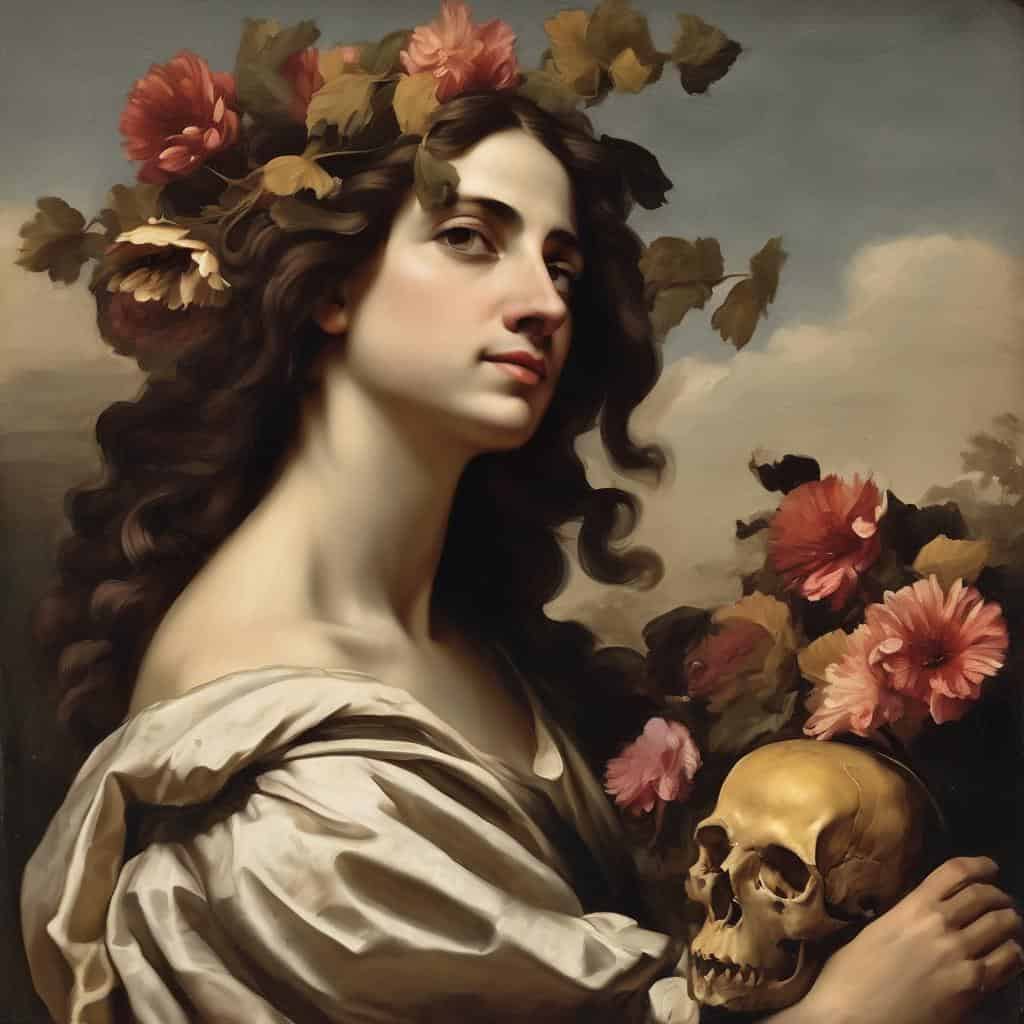 Ομορφη γυναίκα με λουλούδια στα μαλλιά και κρατάει ανθρώπινο κρανίο, δημιουργική τέχνη και τεχνικές ζωγραφικής.